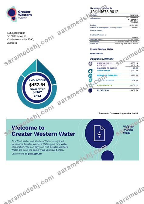 Australia Greater Western Water business utility bill template in